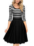 Sexy Black White Stripes Scoop Neck Sleeved Casual Swing Dress